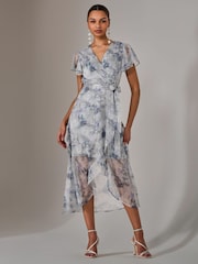 Jolie Moi Blue Chiffon Wrap Midi Dress - Image 1 of 6