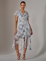Jolie Moi Blue Chiffon Wrap Midi Dress - Image 5 of 6
