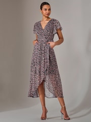 Jolie Moi Pink Chiffon Wrap Midi Dress - Image 1 of 5