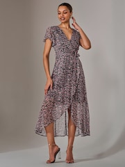 Jolie Moi Pink Chiffon Wrap Midi Dress - Image 3 of 5