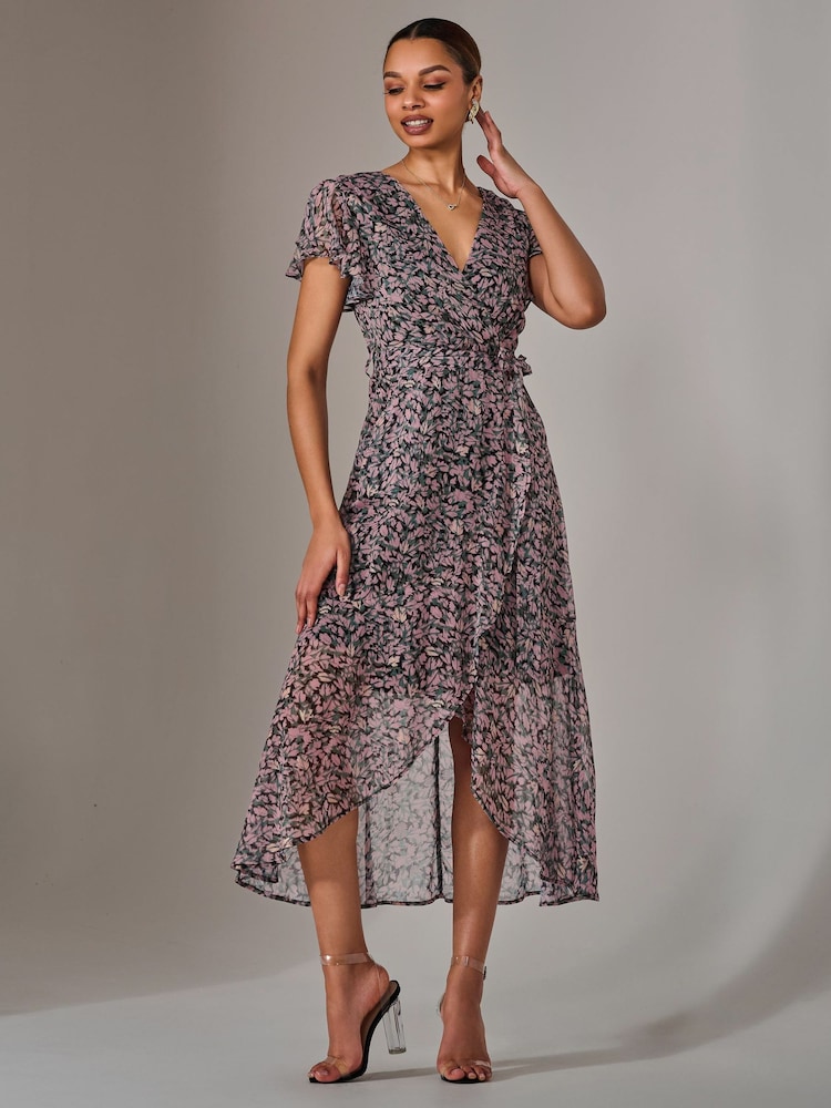 Jolie Moi Pink Chiffon Wrap Midi Dress - Image 3 of 5