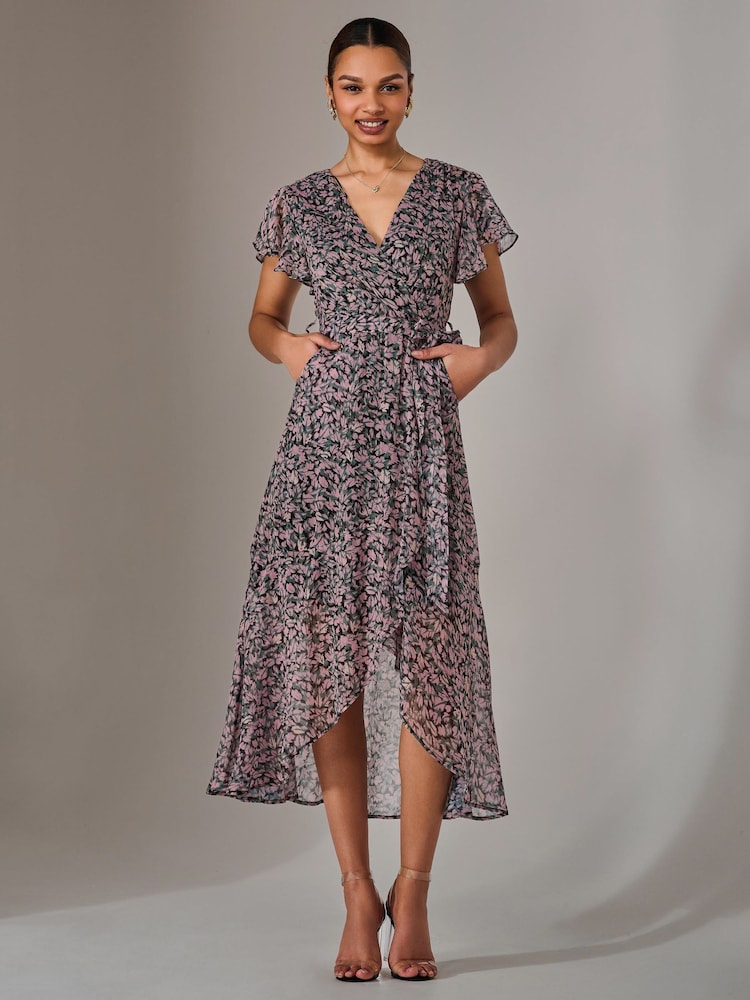 Jolie Moi Pink Chiffon Wrap Midi Dress - Image 4 of 5