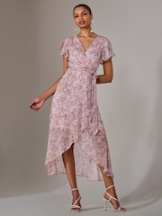 Jolie Moi Pink Light Chiffon Wrap Midi Dress - Image 1 of 6