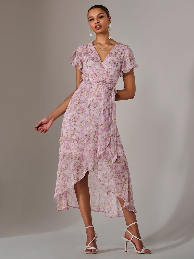 Jolie Moi Pink Light Chiffon Wrap Midi Dress - Image 1 of 6