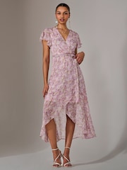 Jolie Moi Pink Light Chiffon Wrap Midi Dress - Image 4 of 6