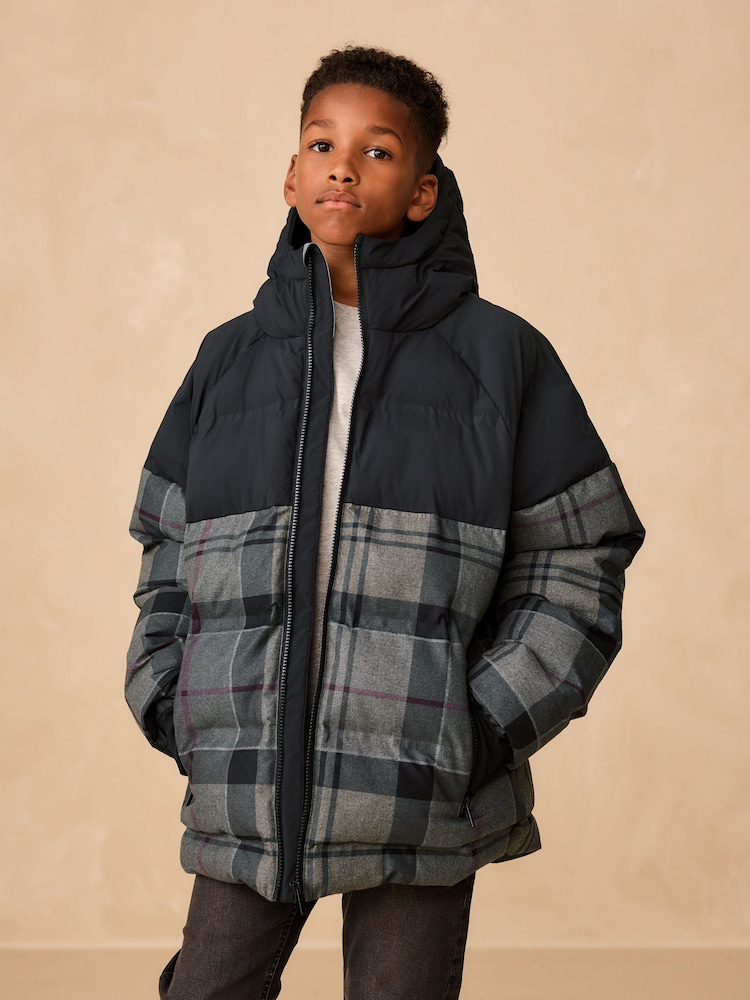 Black Check Shower Resistant Microfleece Lined Padded Coat (3-17yrs) - Image 1 of 4 Black Check Shower Resistant Microfleece Lined Padded Coat (3-17yrs) - Image 1 of 4
