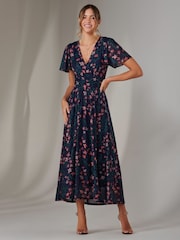 Jolie Moi Navy Floral Mesh Short Sleeve Midaxi Dress - Image 1 of 6