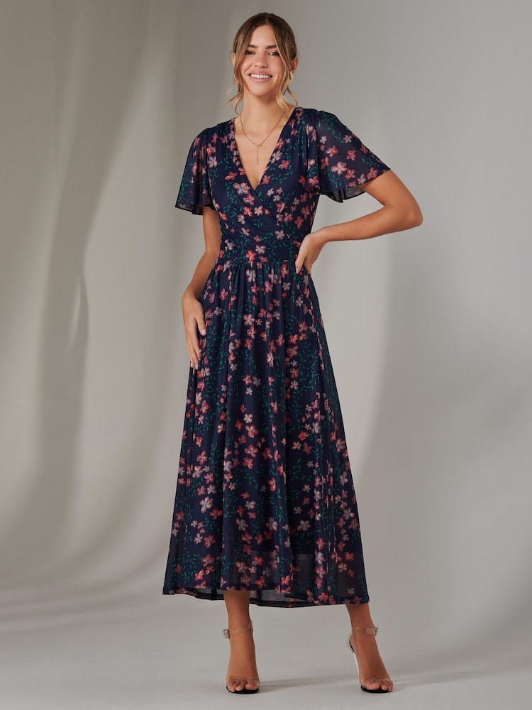 Jolie Moi Navy Floral Mesh Short Sleeve Midaxi Dress - Image 1 of 6