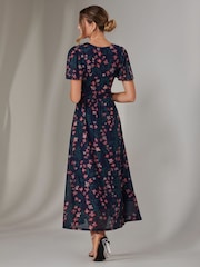 Jolie Moi Navy Floral Mesh Short Sleeve Midaxi Dress - Image 2 of 6