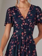 Jolie Moi Navy Floral Mesh Short Sleeve Midaxi Dress - Image 3 of 6
