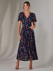 Jolie Moi Navy Floral Mesh Short Sleeve Midaxi Dress - Image 4 of 6