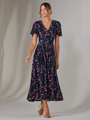 Jolie Moi Navy Floral Mesh Short Sleeve Midaxi Dress - Image 5 of 6
