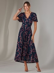 Jolie Moi Navy Floral Mesh Short Sleeve Midaxi Dress - Image 6 of 6