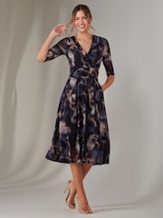 Jolie Moi Brown Mesh Wrap Midi Dress - Image 1 of 6