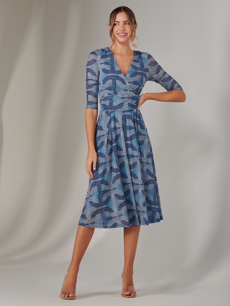 Jolie Moi Blue Mesh Wrap Midi Dress - Image 1 of 6