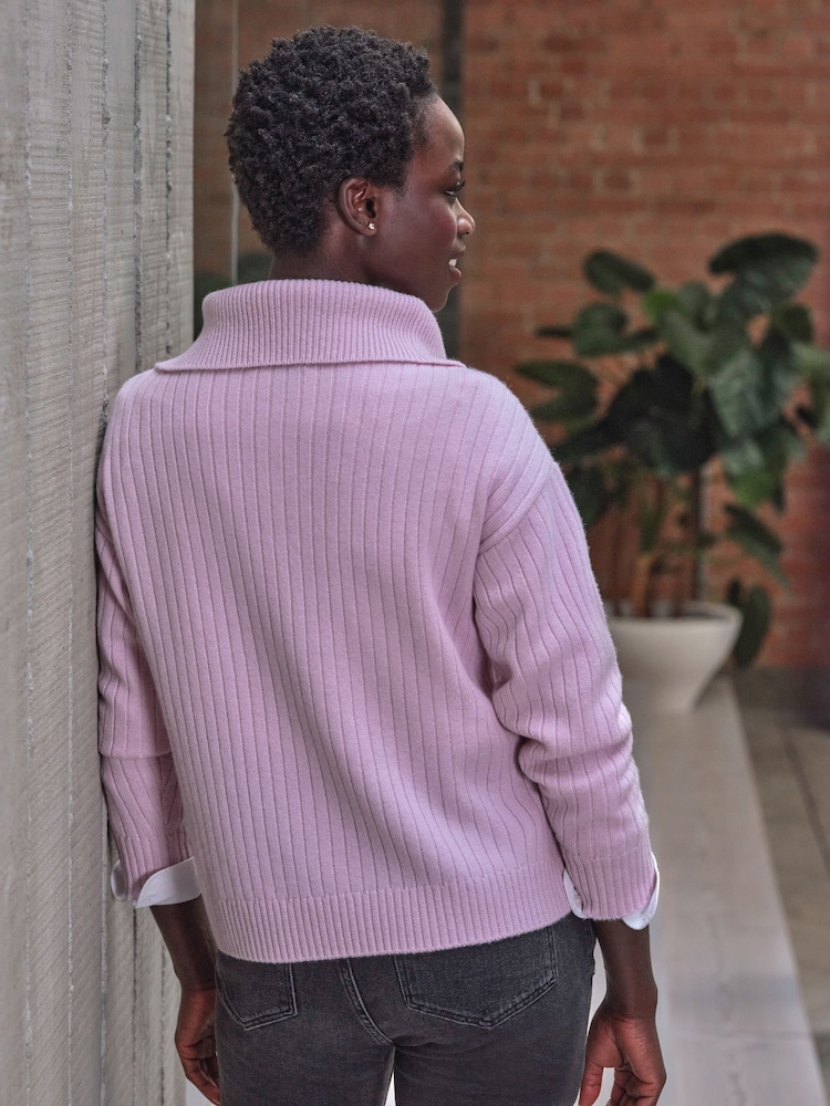 Pure Collection Purple Wool Cashmere Half Zip Crew Neck Sweater - Image 2 of 3