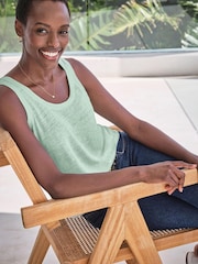 Pure Collection Green Luxury 100% Linen Vest with Coverstitch Detail & Shaped Hemline - Image 1 of 3