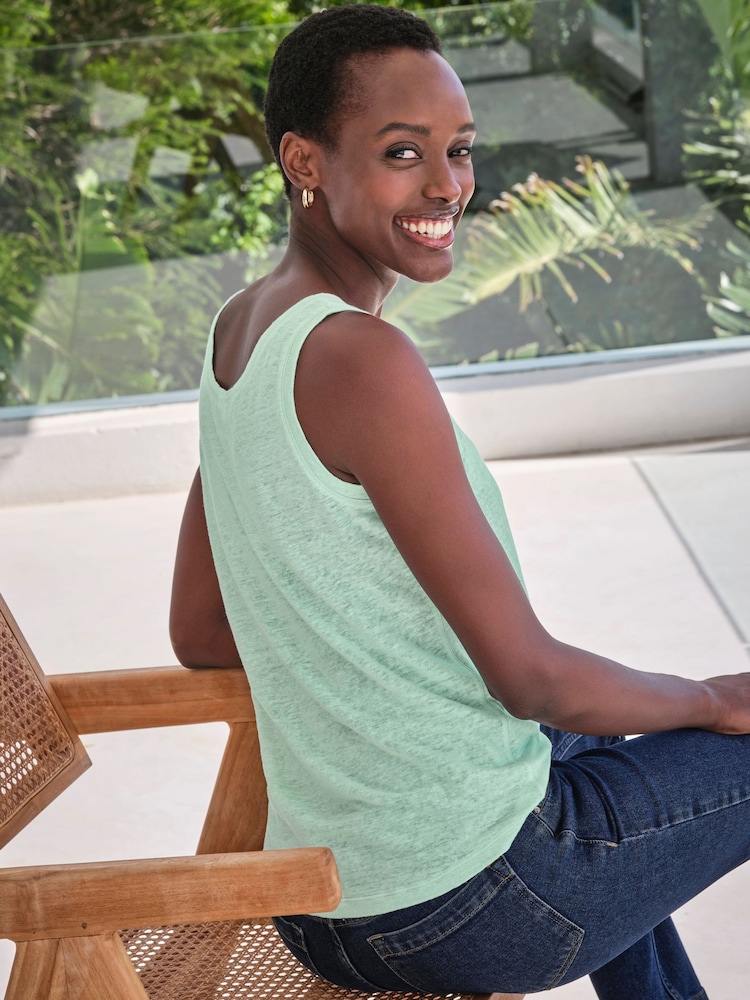 Pure Collection Green Luxury 100% Linen Vest with Coverstitch Detail & Shaped Hemline - Image 2 of 3