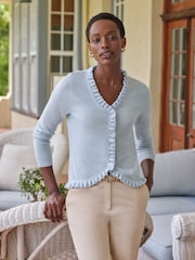 Pure Collection Slim Fit Blue Cashmere Ruffle Long Sleeve V-Neck Cardigan - Bild 1 von 3