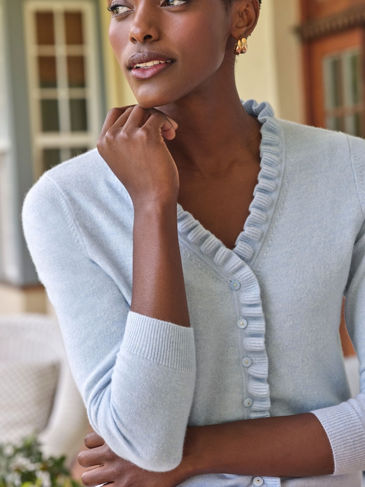 Pure Collection Slim Fit Blue Cashmere Ruffle Long Sleeve V-Neck Cardigan - Bild 3 von 3