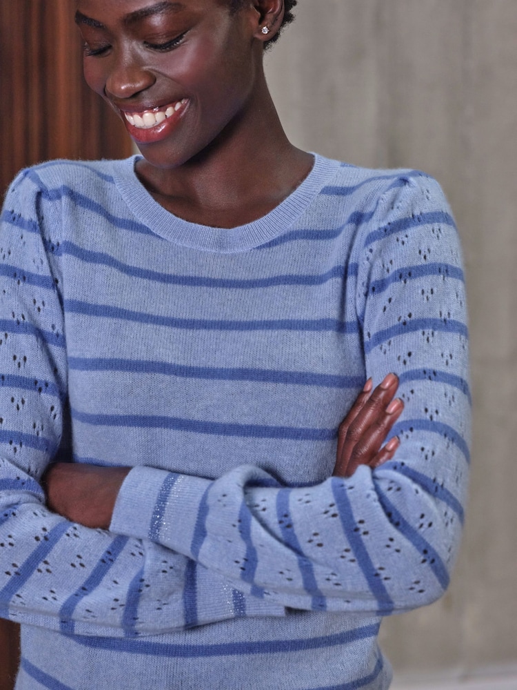 Pure Collection Blue Fine Stripe Gassato Crew Neck Sweater - Image 3 of 3
