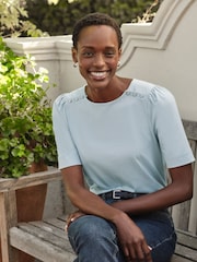Pure Collection Blue Cotton Blend Button Shoulder Round Neck T-Shirt - Image 1 of 3