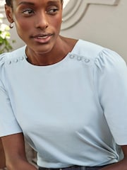 Pure Collection Blue Cotton Blend Button Shoulder Round Neck T-Shirt - Image 3 of 3