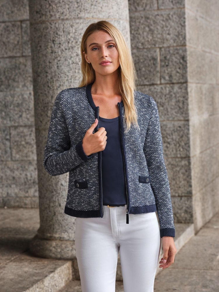 Pure Collection Blue Cotton/Wool Blend Tweedy Zip Crew Neck Easy Fit Jacket - Image 1 of 3
