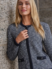 Pure Collection Blue Cotton/Wool Blend Tweedy Zip Crew Neck Easy Fit Jacket - Image 3 of 3