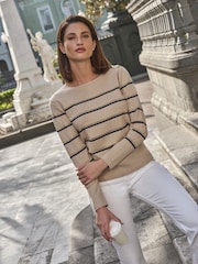 Pure Collection Natural Wool 100% Cotton Stripe & Button Crew Neck Sweater - Image 1 of 3