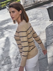Pure Collection Natural Wool 100% Cotton Stripe & Button Crew Neck Sweater - Image 2 of 3