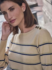 Pure Collection Natural Wool 100% Cotton Stripe & Button Crew Neck Sweater - Image 3 of 3