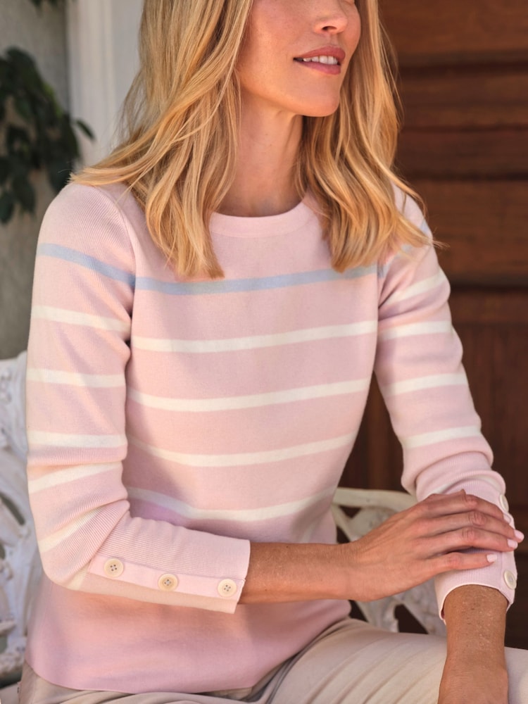 Pure Collection Pink Wool Cotton Stripe Button Long Sleeve Crew Neck Sweater - Image 3 of 3