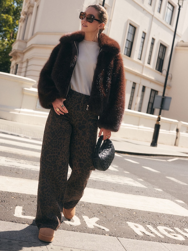 Brown Leopard Print Wide Leg Jeans - Image 1 of 8 Brown Leopard Print Wide Leg Jeans - Image 1 of 8