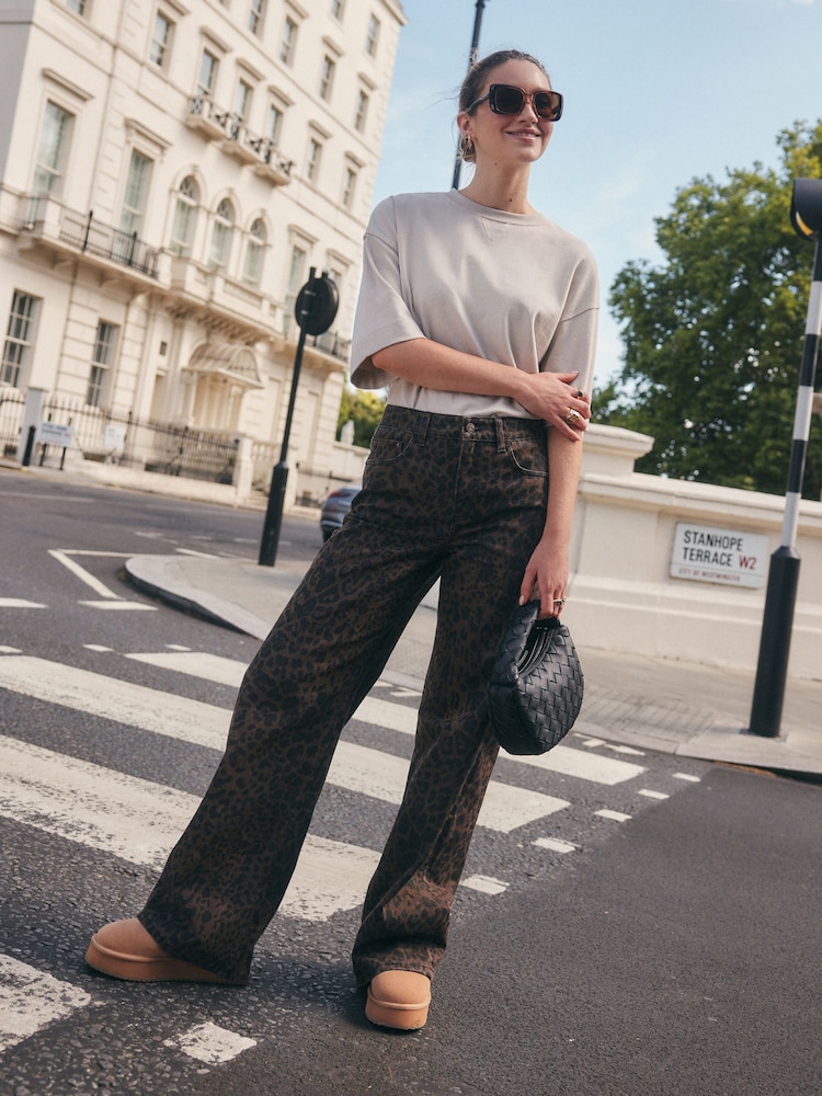 Brown Leopard Print Wide Leg Jeans - Image 2 of 8 Brown Leopard Print Wide Leg Jeans - Image 2 of 8