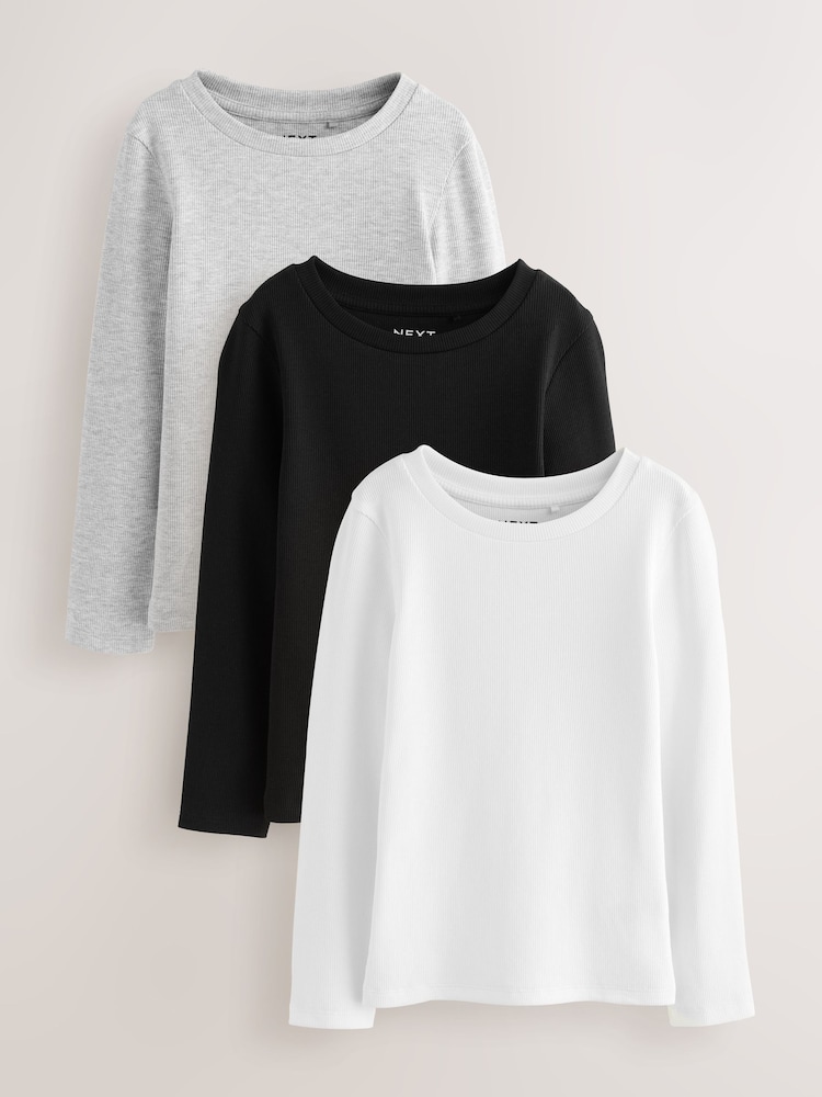 Black/White Long Sleeve Ribbed Tops 3 Pack (3-16yrs) - Image 1 of 7