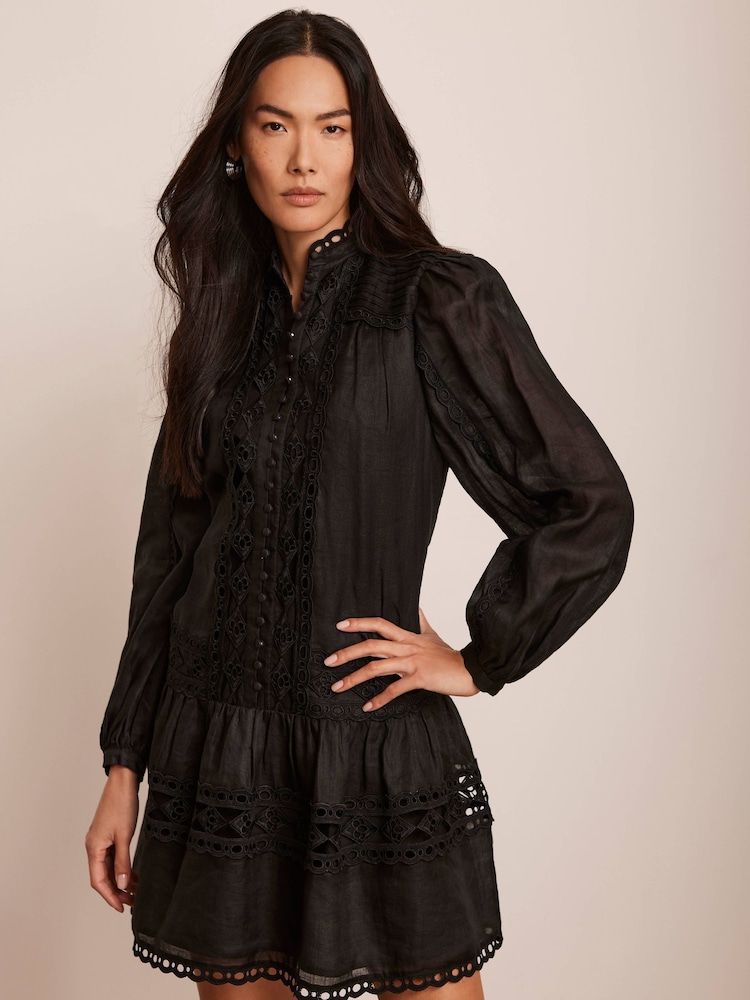 Mint Velvet Black Lace Detail Mini Dress - Image 1 of 8