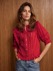Mint Velvet Red 100% Cotton Ruffle Trim Top - Image 1 of 7