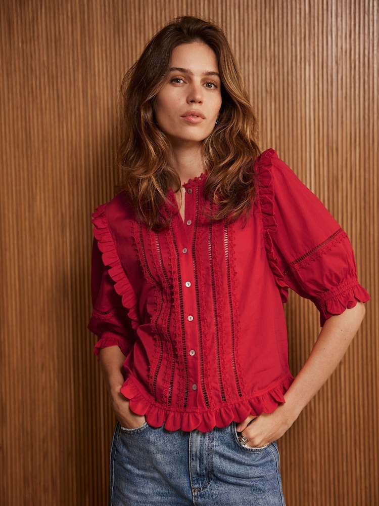 Mint Velvet Red 100% Cotton Ruffle Trim Top - Image 1 of 7