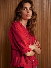 Mint Velvet Red 100% Cotton Ruffle Trim Top - Image 2 of 7