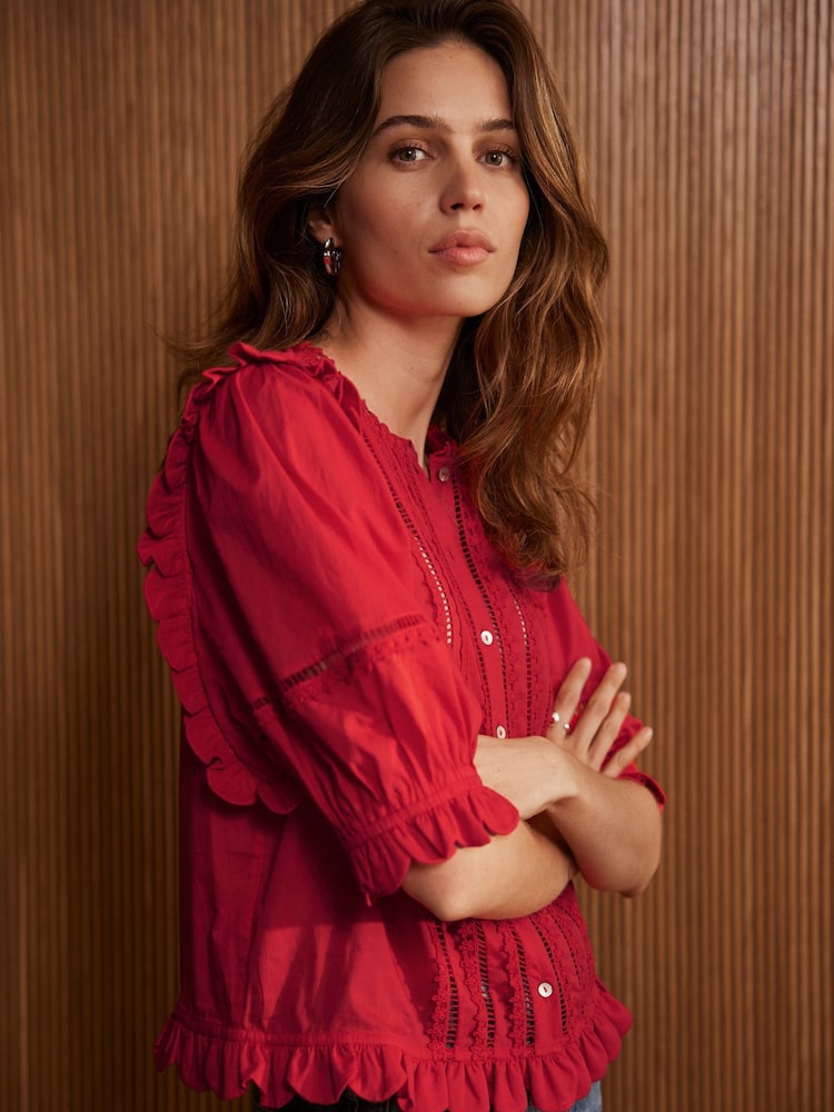 Mint Velvet Red 100% Cotton Ruffle Trim Top - Image 2 of 7