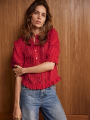Mint Velvet Red 100% Cotton Ruffle Trim Top - Image 3 of 7