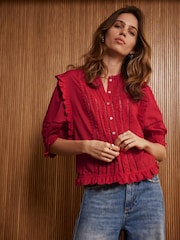 Mint Velvet Red 100% Cotton Ruffle Trim Top - Image 5 of 7
