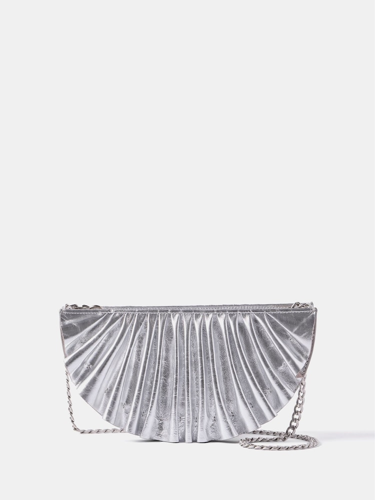 Mint Velvet Silver Leather Pleated Clutch Bag - Image 1 of 4