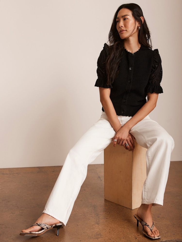 Mint Velvet Black Ribbed Short Sleeve Cardigan - Image 2 of 9