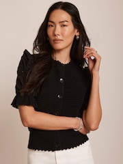 Mint Velvet Black Ribbed Short Sleeve Cardigan - Image 3 of 9