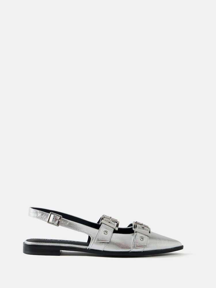 Mint Velvet Silver Leather Buckled Flat Shoes - Image 1 of 4