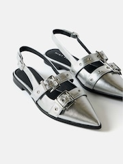 Mint Velvet Silver Leather Buckled Flat Shoes - Image 2 of 4