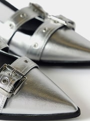 Mint Velvet Silver Leather Buckled Flat Shoes - Image 4 of 4