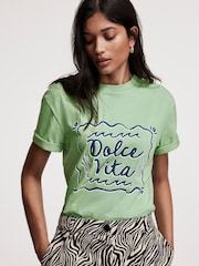 Mint Velvet Green La Dolce Vita Motif 100% Cotton T-Shirt - Image 1 of 7